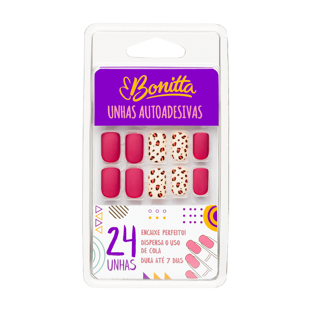 UNHAS POSTIÇAS COM ABA ADESIVA ONÇA PINK - 649BT